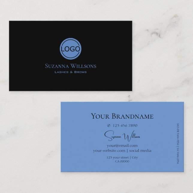Simply Plain Black and Blue with Logo Professional Business Card (Front/Back)