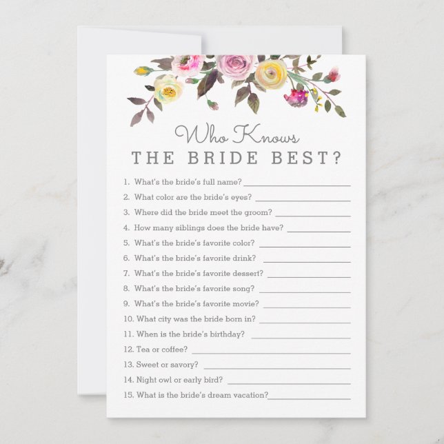 Simply Pretty Who Knows Her Best Shower Game Card (Front)