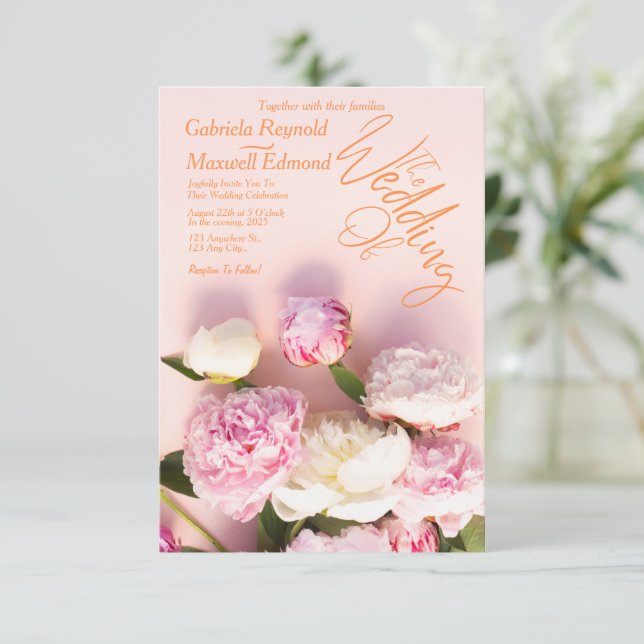 Simply Roses Pink Peony Floral Wedding Invitation (Standing Front)