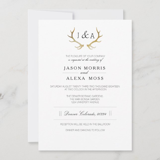 Simply Rustic Gold Antler | Elegant Wedding Invitation (Front)