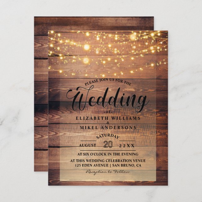 Simply Rustic Natural Wood  Lights String wedding  Invitation (Front/Back)