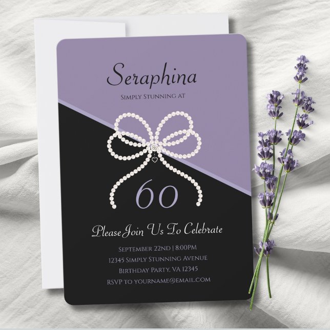 Simply Stunning 60th Birthday Lavender Pearl Bow Invitation (Simply Stunning 60th Birthday Invitation with Elegant Lavender Black Design and Pearl Bow Detail.)