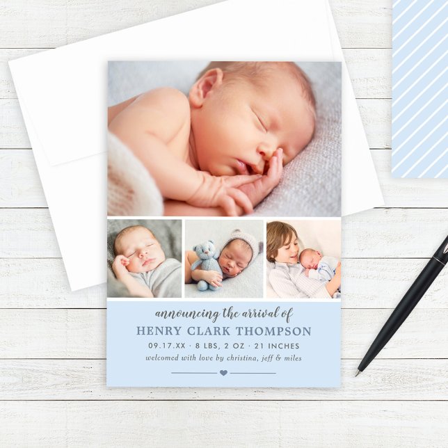 Simply Sweet Blue Baby Boy Photo Collage Birth Announcement (Creator Uploaded)