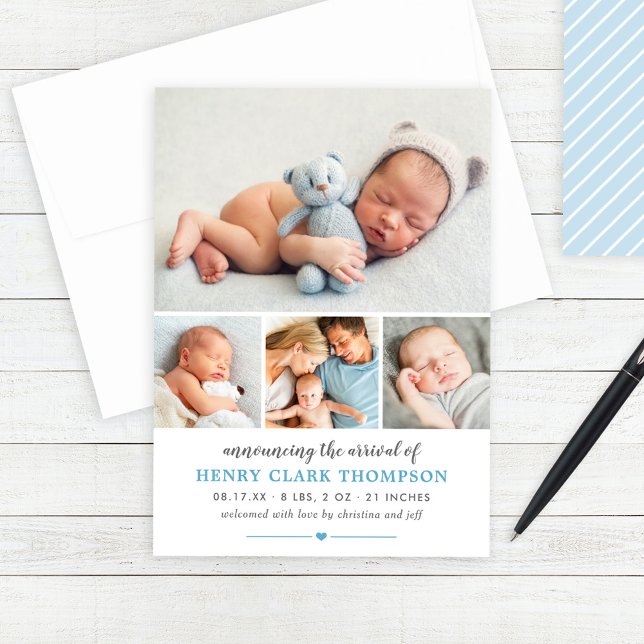Simply Sweet Blue Baby Boy Photo Collage Birth Announcement (Creator Uploaded)