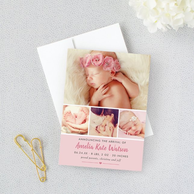 Simply Sweet Pink Baby Girl Photo Collage Birth Announcement (Creator Uploaded)