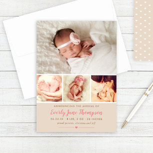 Simply Sweet Rustic Beige Baby Girl Collage Birth Announcement