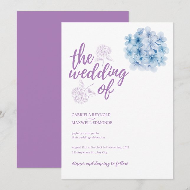 Simply Watercolor Blue Hydrangea Wedding Invitation (Front/Back)