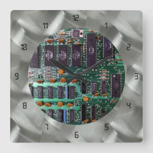 Simulated Brushed Aluminium PCB Black LED Square Wall Clock