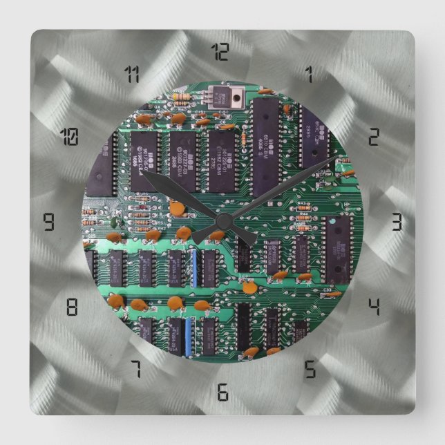 Simulated Brushed Aluminium PCB Black LED Square Wall Clock (Front)