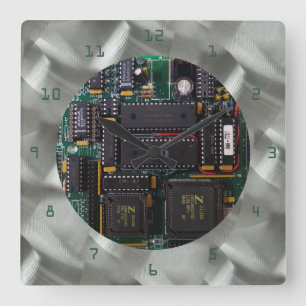 Simulated Brushed Aluminium PCB Green PCB Font Square Wall Clock