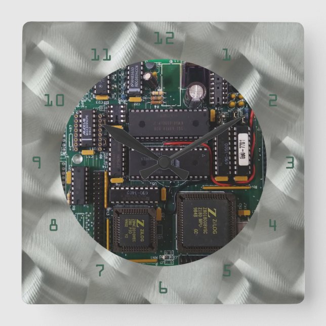Simulated Brushed Aluminium PCB Green PCB Font Square Wall Clock (Front)