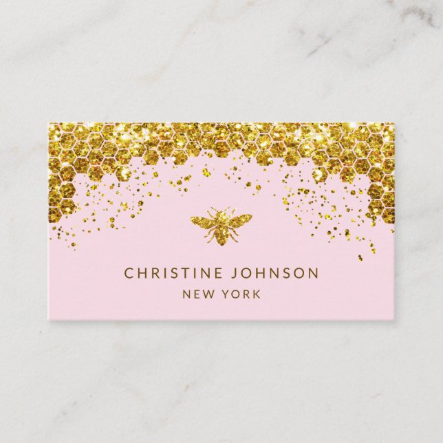 simulated glitter honey bee on pale pink business card (Front)
