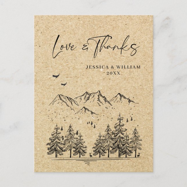 Simulated Kraft Paper Forest Mountains Thank You Postcard (Front)