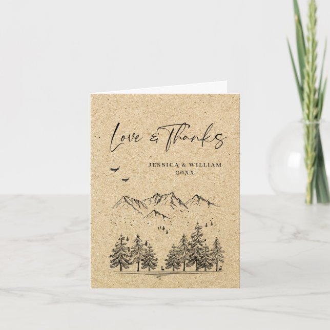 Simulated Kraft Paper Forest Mountains Wedding Thank You Card (Front)