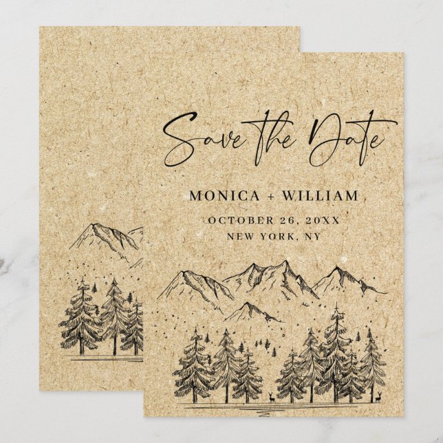 Simulated Kraft Paper Hand Drawn Mountain Wedding Save The Date (Front/Back)