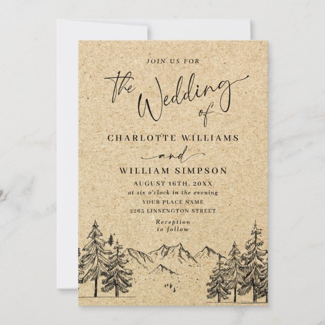 Simulated Kraft Paper Hand Drawn Mountains Wedding Invitation (Front)