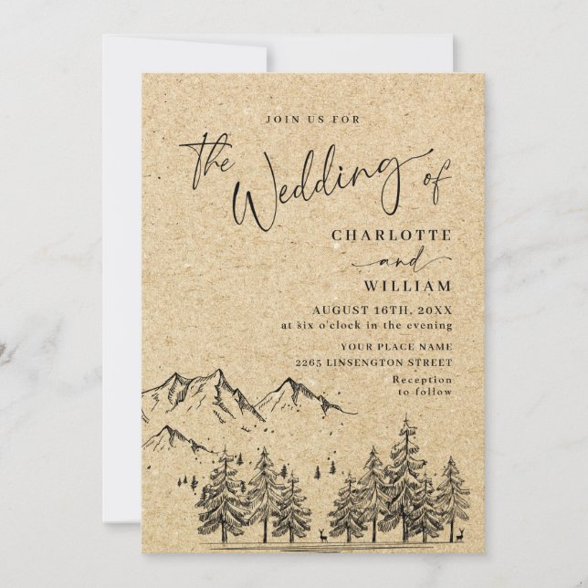 Simulated Kraft Paper Hand Drawn Mountains Wedding Invitation (Front)