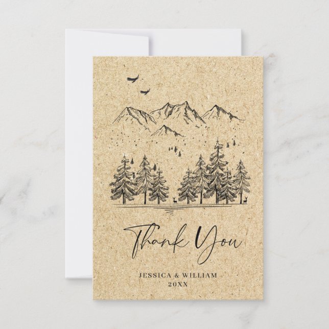 Simulated Kraft Paper Hand Drawn Mountains Wedding Thank You Card (Front)