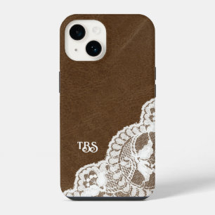 Simulated Leather and Lace Print Monogram Initial iPhone 14 Case