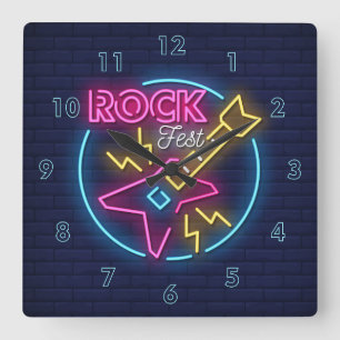 Simulated Rock Fest Neon Sign Against Brick Wall Square Wall Clock
