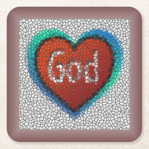 Simulated Stained Glass Framed GOD Colorful Heart Square Paper Coaster