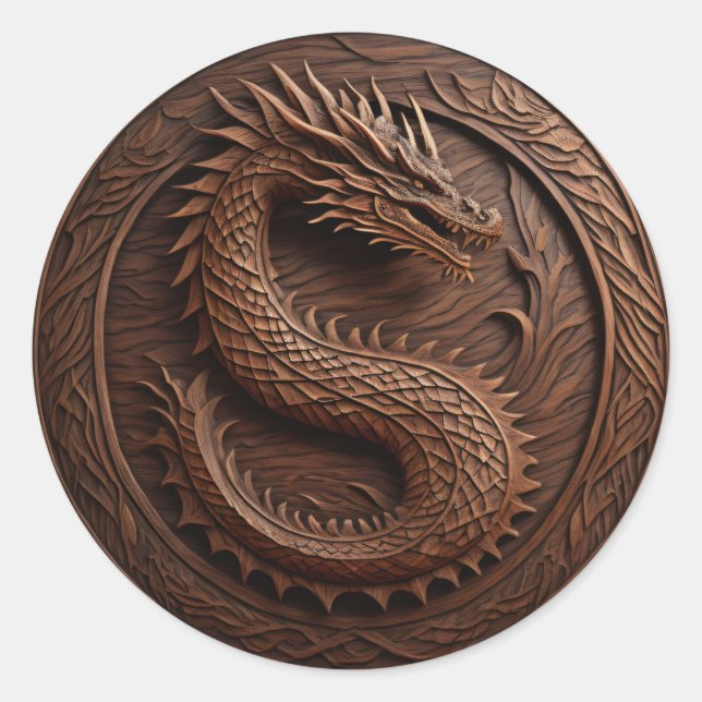 Simulated Wood Carving Dragon Classic Round Sticker (Front)