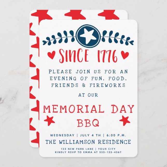 Since 1776  - American Pride / Memorial Day  BBQ Invitation (Front/Back)