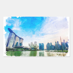 Singapore Asia Panorama View Watercolor Rectangular Sticker
