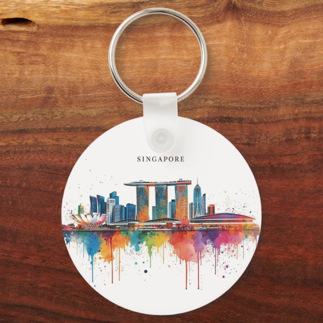 Singapore city retro watercolor Skyline Key Ring (Front)