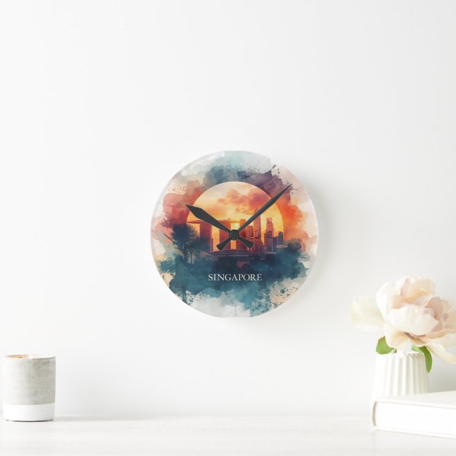 Singapore city retro watercolor Skyline Round Clock (Home)