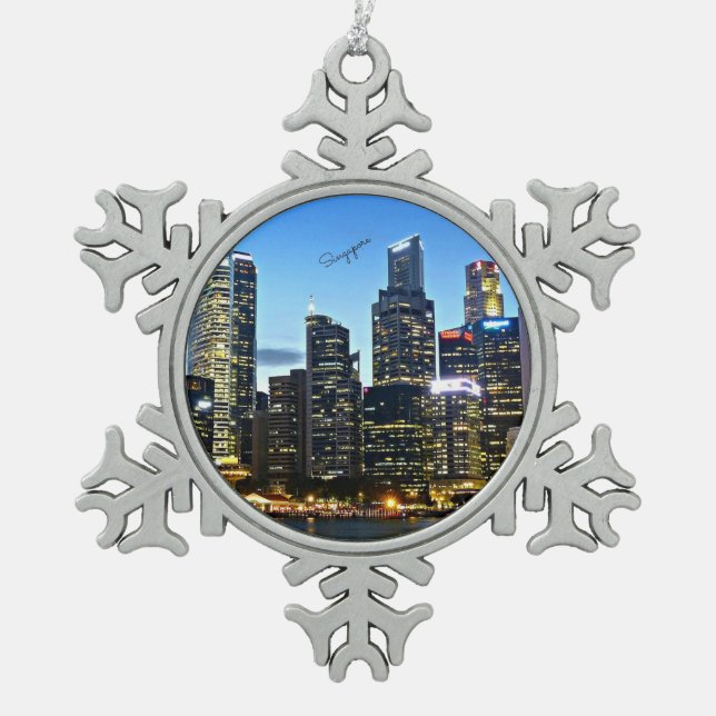 Singapore cityscape snowflake pewter christmas ornament (Front)