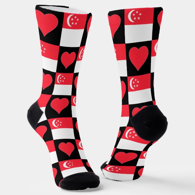 Singapore Flag Heart Pattern Fun Singaporean Pride Socks (Angled)