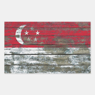 Singapore Flag on Rough Wood Boards Effect Rectangular Sticker