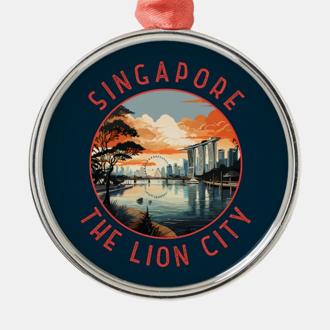 Singapore Retro Distressed Circle Metal Tree Decoration (Front)