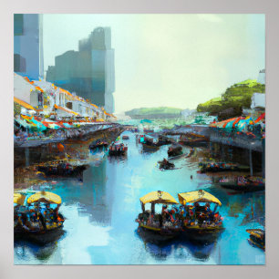 Singapore River With Bum Boats - Canvas Art Print