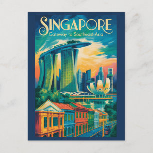 Singapore Skyline Illustration Travel Art Vintage Postcard