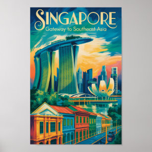 Singapore Skyline Illustration Travel Art Vintage Poster
