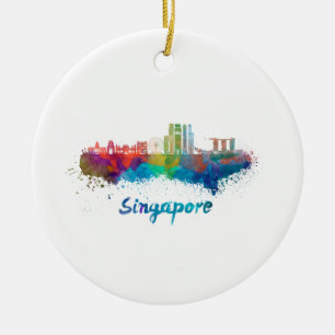 Singapore V2 skyline in watercolor Ceramic Tree Decoration