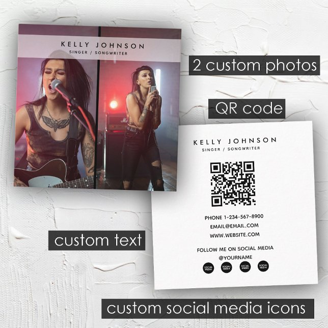 Singer Musician Songwriter 2 Photos QR Code   Square Business Card (Singer Musician Songwriter 2 Photos QR Code Square Business Card)