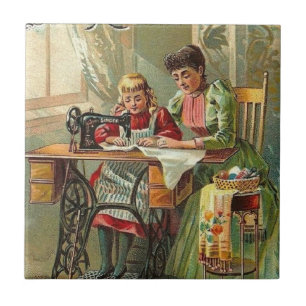 Singer Sewing Machine "The First Lesson" Vintage Tile