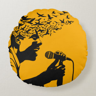 Singer Silhouette with Birds Round Cushion