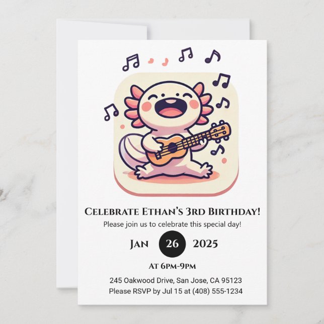 Singing Axolotl with Ukulele Birthday Invitation (Front)