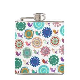 Singing Bird and Mandala Cute Folk Art Pattern Hip Flask