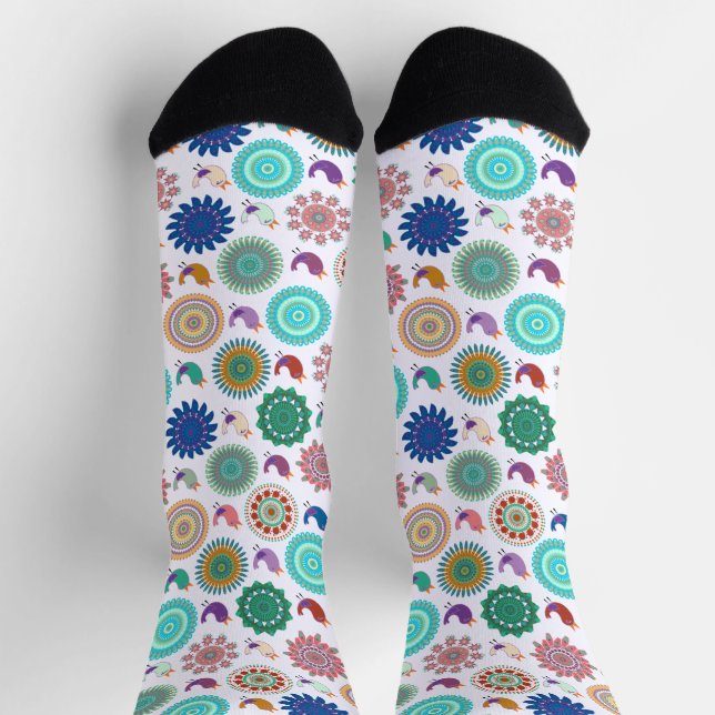 Singing Bird and Mandala Cute Folk Art Pattern Socks (Top)