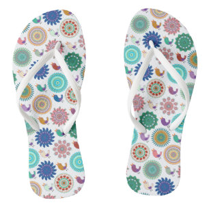 Singing Bird and Mandala Folk Art Cute Pattern Jandals