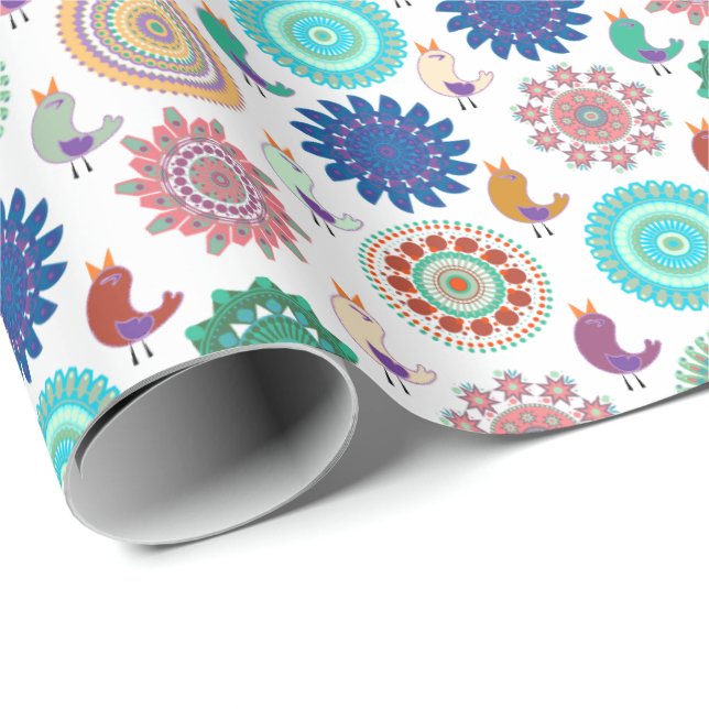 Singing Bird and Mandala Folk Art Pattern Wrapping Paper (Roll Corner)