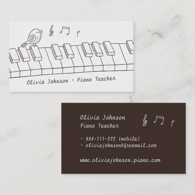 Singing Bird on Piano Doodle Music Piano Teacher Business Card (Front/Back)