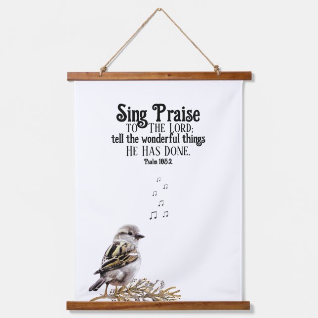Singing Bird with Music Notes Psalm Bible Verse Hanging Tapestry (Front)