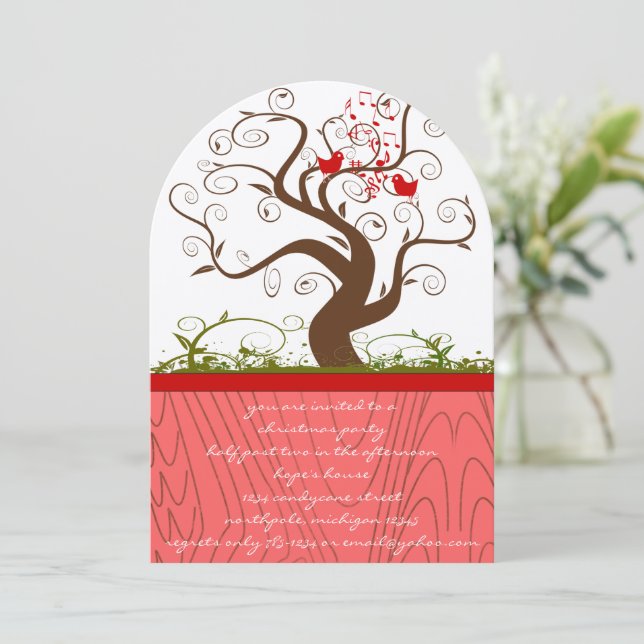 Singing Bird Wood Grain Tree Christmas Dinner Invitation (Standing Front)