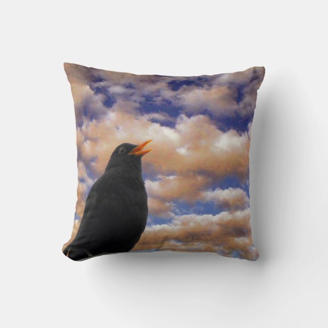 Singing Blackbird &Fluffy Clouds by Alexandra Cook Cushion (Front)